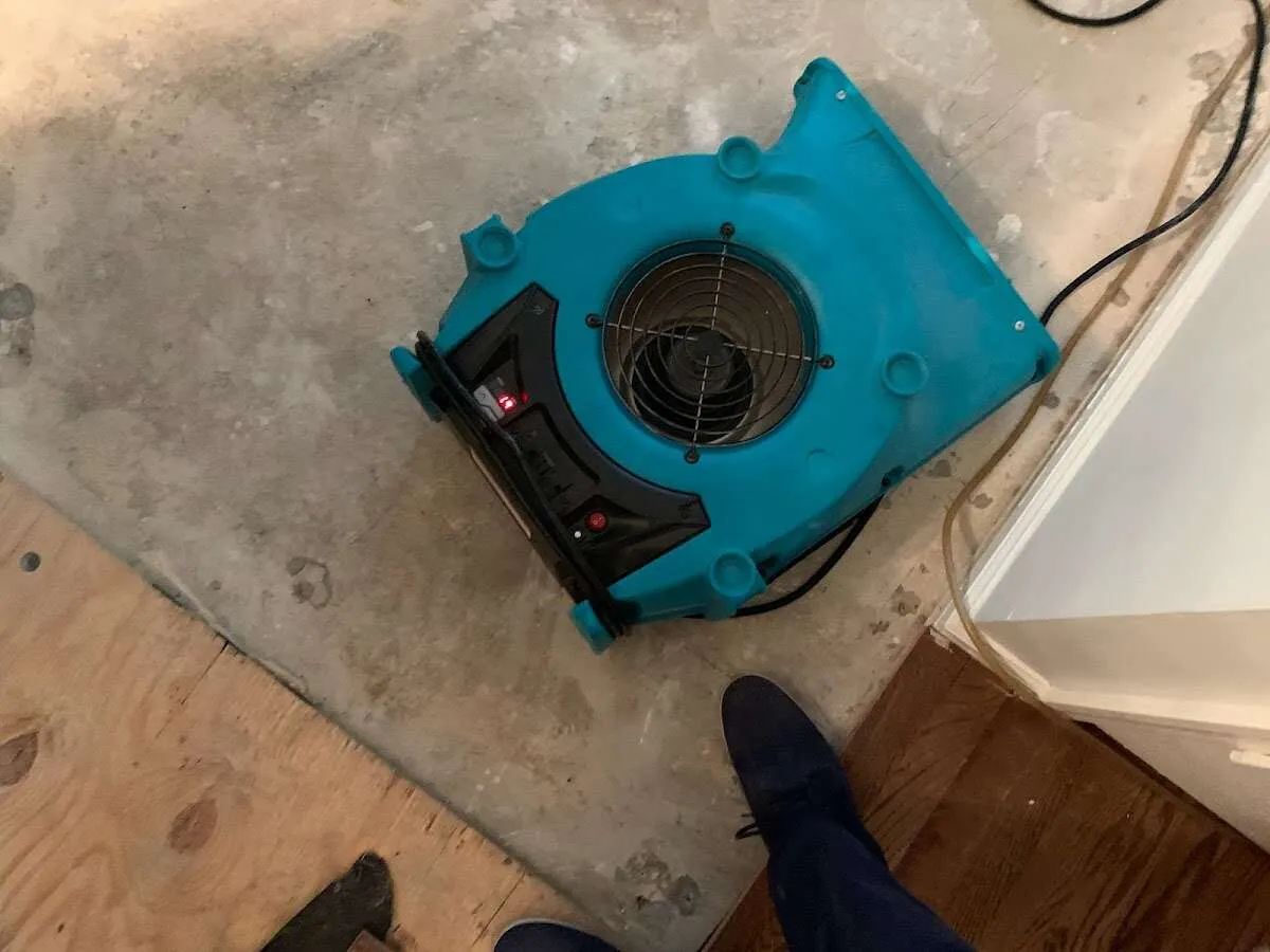 Air mover drying subfloor during Leak Detection & Repair in Brunswick